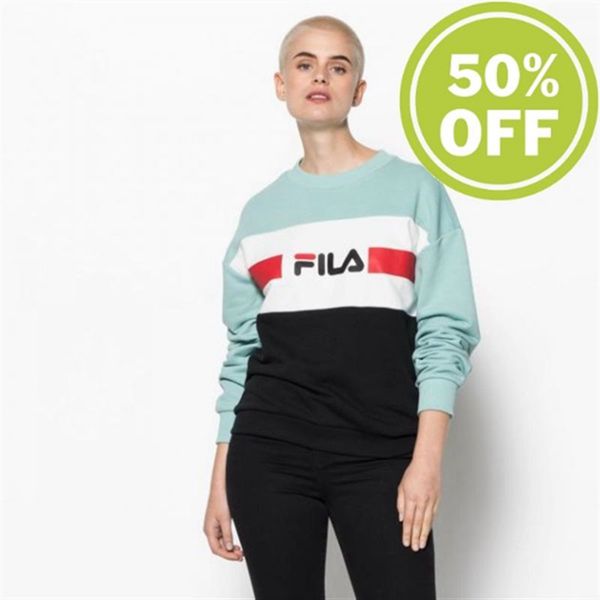 Fila Angela Crew 2.0 Hoodie With Crew Neck Aquifer Women's Sweatshirts - White/Black,NZ 138-42876